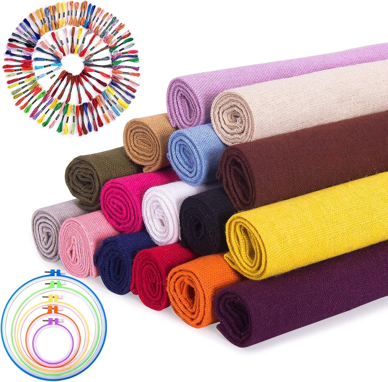 121-Piece Complete Embroidery Starter Kit – 16 Pcs Linen Fabric Squares (19x19") – 100 Vibrant Embroidery Floss Skeins – 5 Bamboo Embroidery Hoops – Full Needlework & Cross Stitch Supply Set